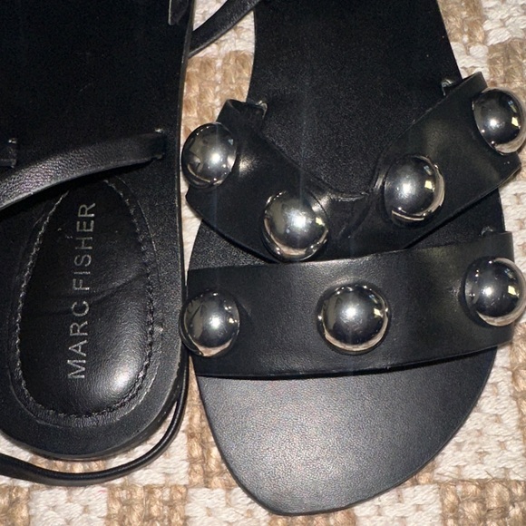 Marc Fisher Black Leather Sandals with Metallic Accents - Picture 8 of 10